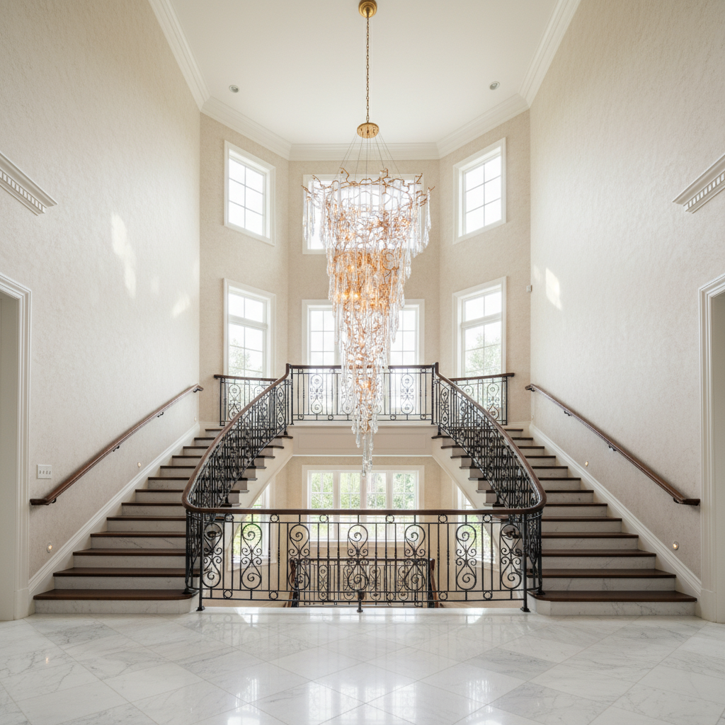 Luster Gaze Grand Canopy Crystal Branch Chandelier - dramatic American stairwell with soaring ceiling