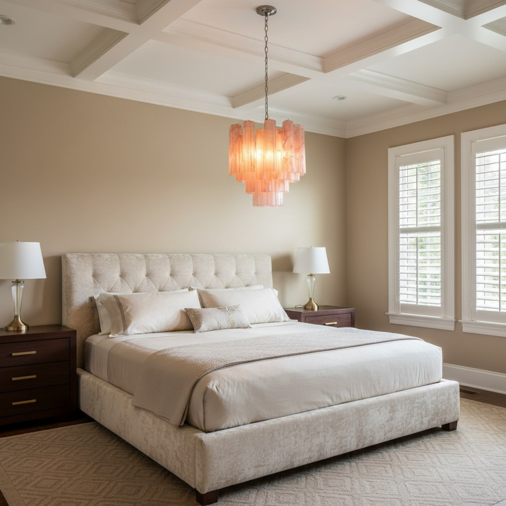 Luster Gaze Pink Murano Glass Tronchi Chandelier - American master bedroom with coffered ceiling