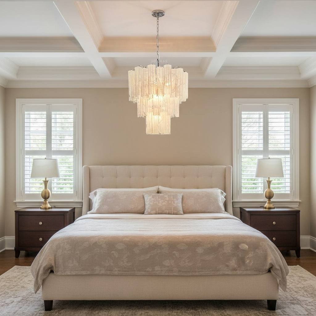 Luster Gaze Alabaster Bloom Grand Chandelier - American master bedroom with coffered ceiling