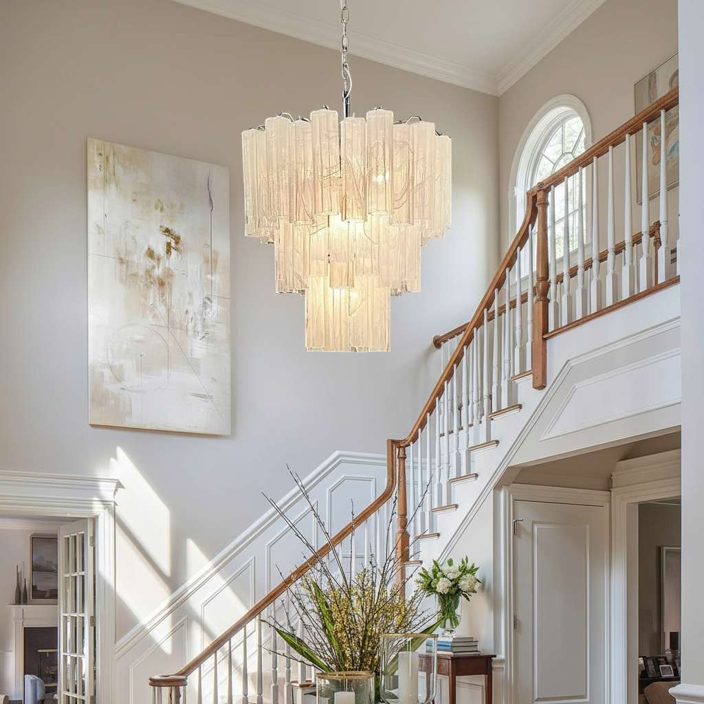 Luster Gaze Murano Chandelier – 48 tubes – Alabaster White - elegant American entryway with arched doorway