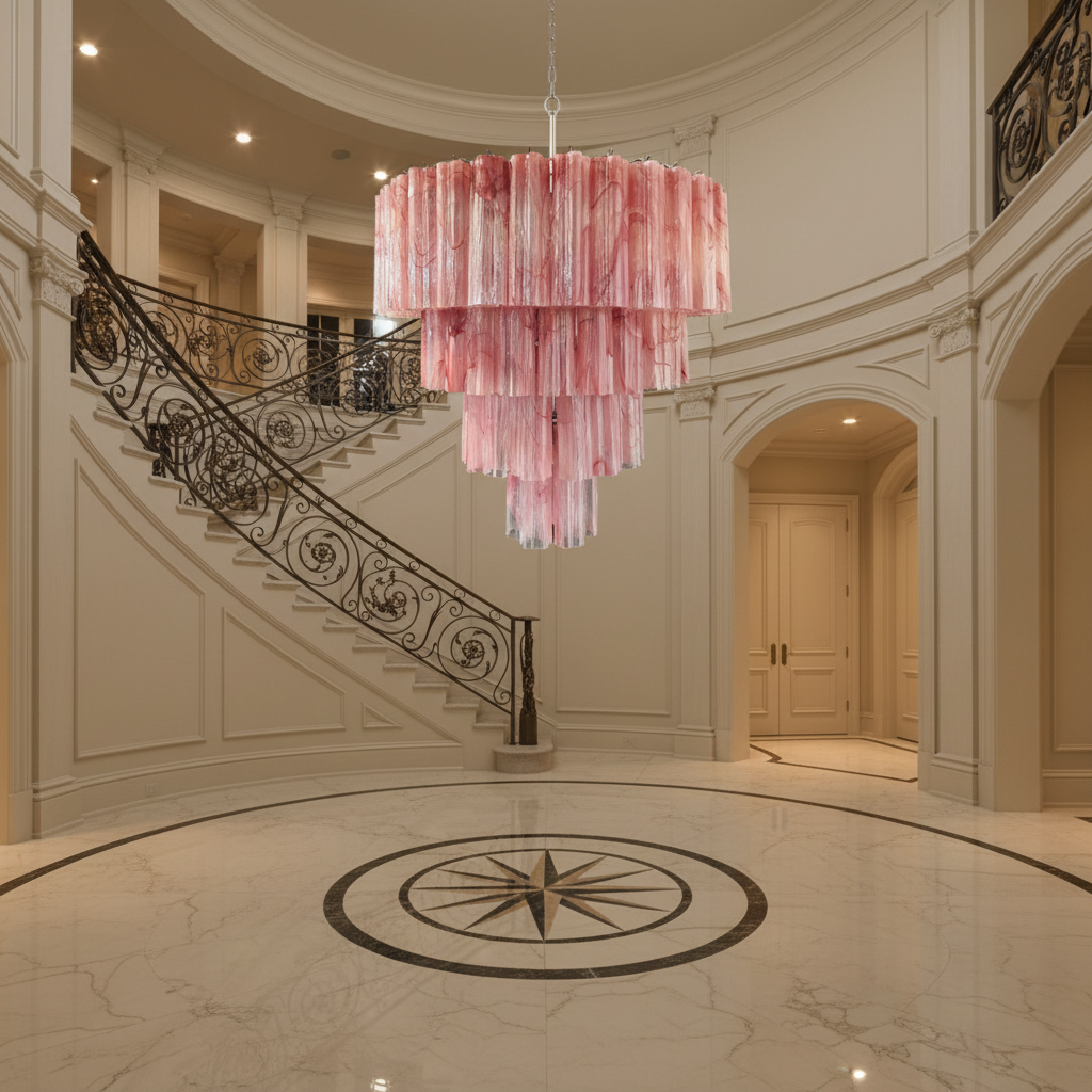 Luster Gaze Alabaster Pink Grand Chandelier - grand American foyer with two-story ceiling