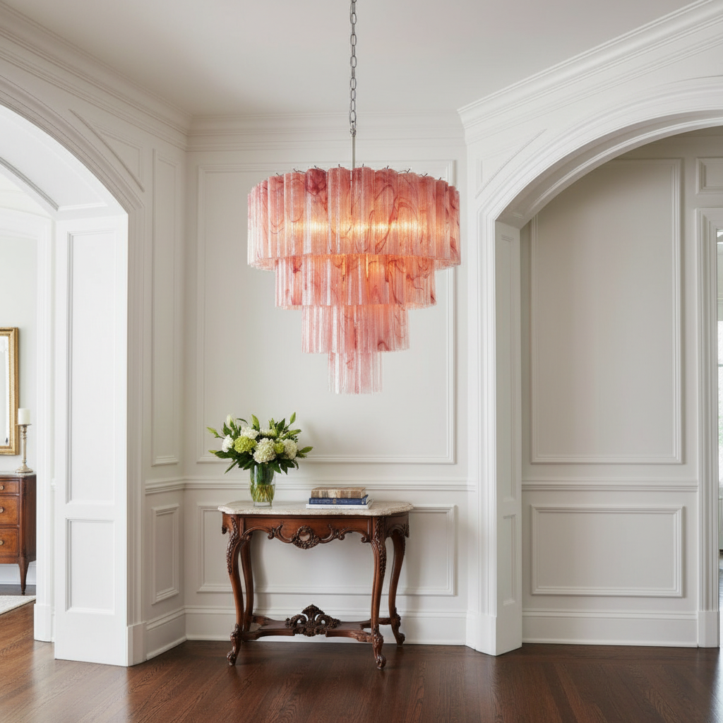 Luster Gaze Alabaster Pink Grand Chandelier - elegant American entryway with arched doorway