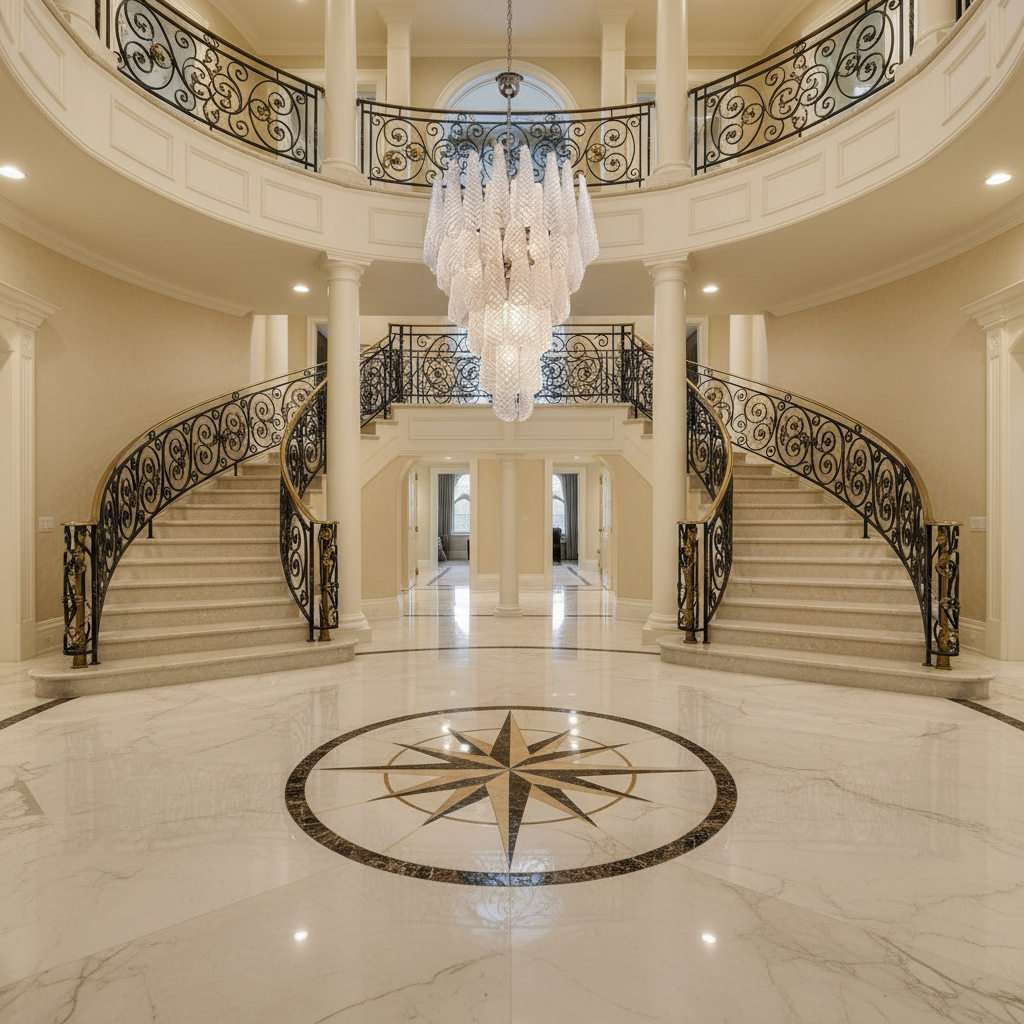 Luster Gaze Veridian Cascade Drop Chandelier - grand American foyer with two-story ceiling