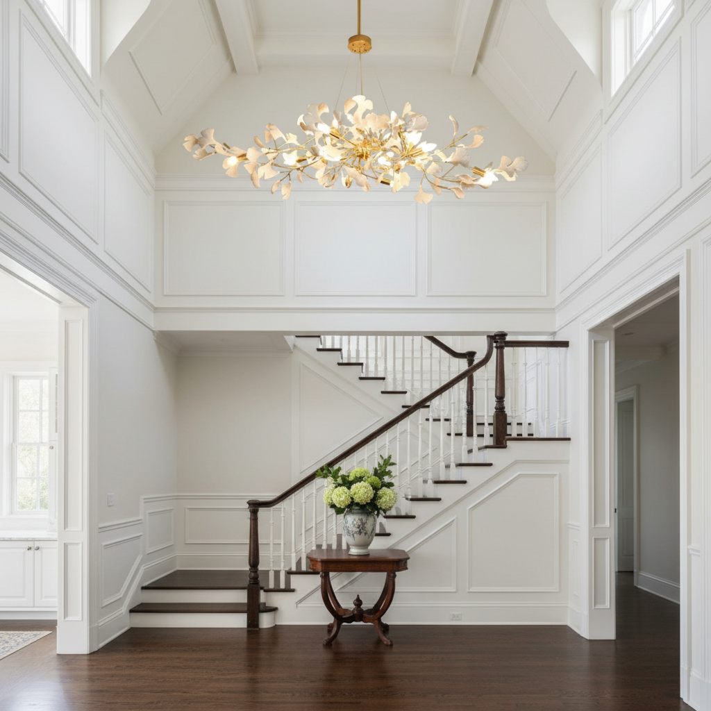 Luster Gaze Ginkgo C Branch Chandelier - elegant American entryway with arched doorway