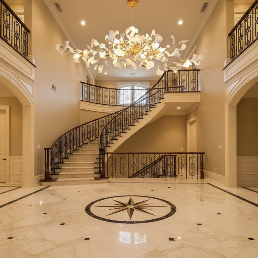 Luster Gaze Ginkgo C Branch Chandelier - grand American foyer with two-story ceiling