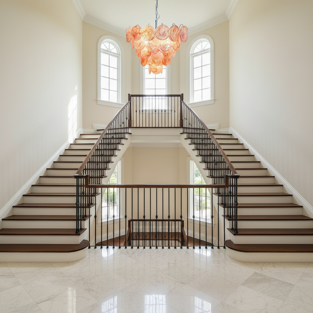 Luster Gaze Rose Alabaster Grand Chandelier - dramatic American stairwell with soaring ceiling