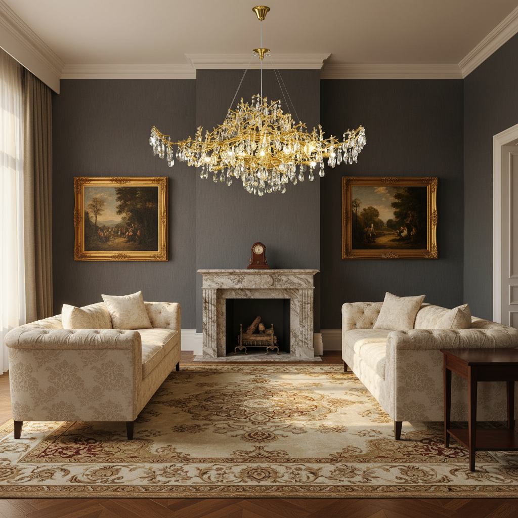 Luster Gaze Gilded Branch Crystal Chandelier - American formal living room with 12-foot ceilings