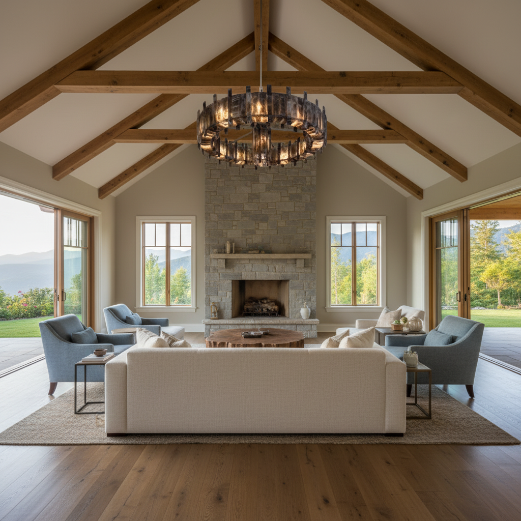 Luster Gaze Cosmic Cascade Chandelier - American transitional great room with cathedral ceiling