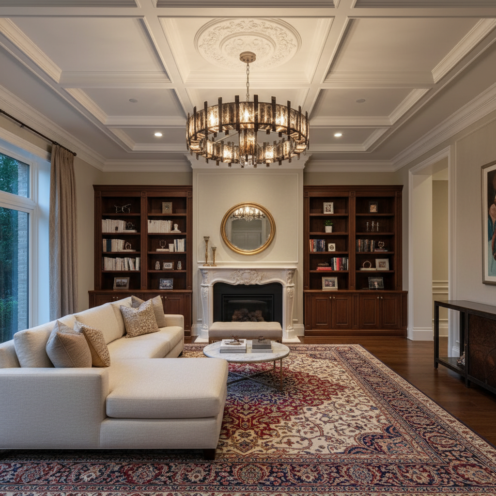 Luster Gaze Cosmic Cascade Chandelier - luxurious American living room with tray ceiling