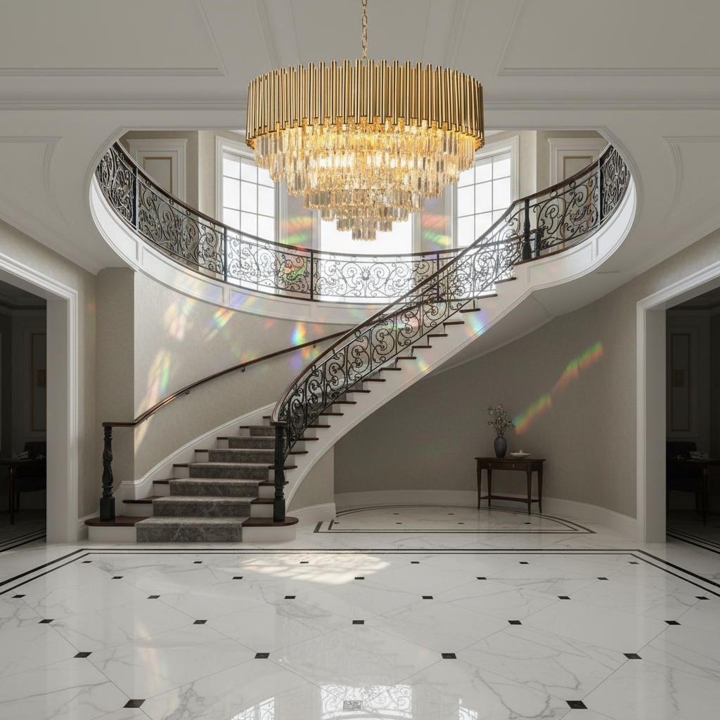 Luster Gaze Radiant Cascade Crystal Chandelier - dramatic American stairwell with soaring ceiling