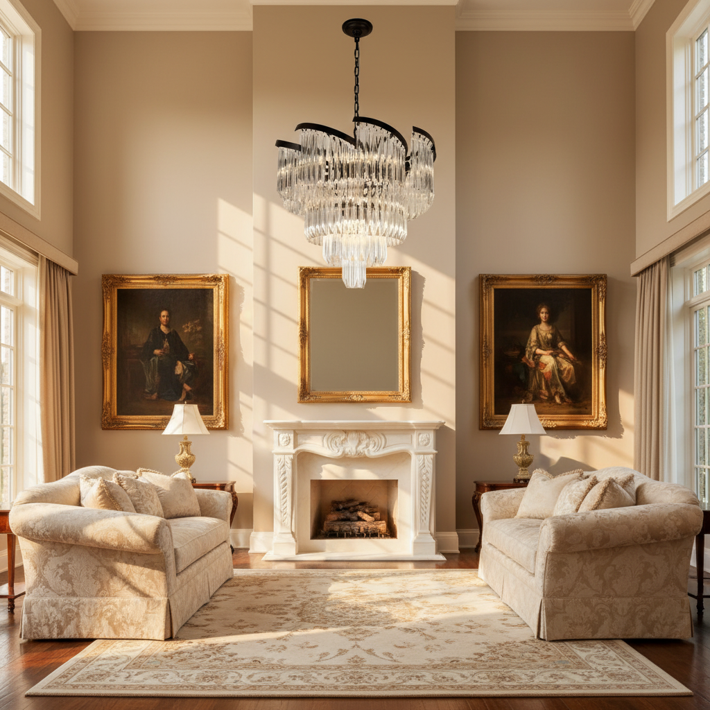 Luster Gaze Radiant Bloom Round Crystal Chandelier - American formal living room with 12-foot ceilings
