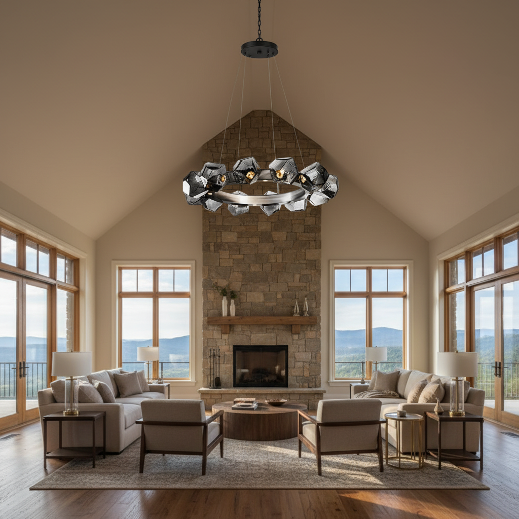 Luster Gaze Aura Disc Modern LED Chandelier - American transitional great room with cathedral ceiling