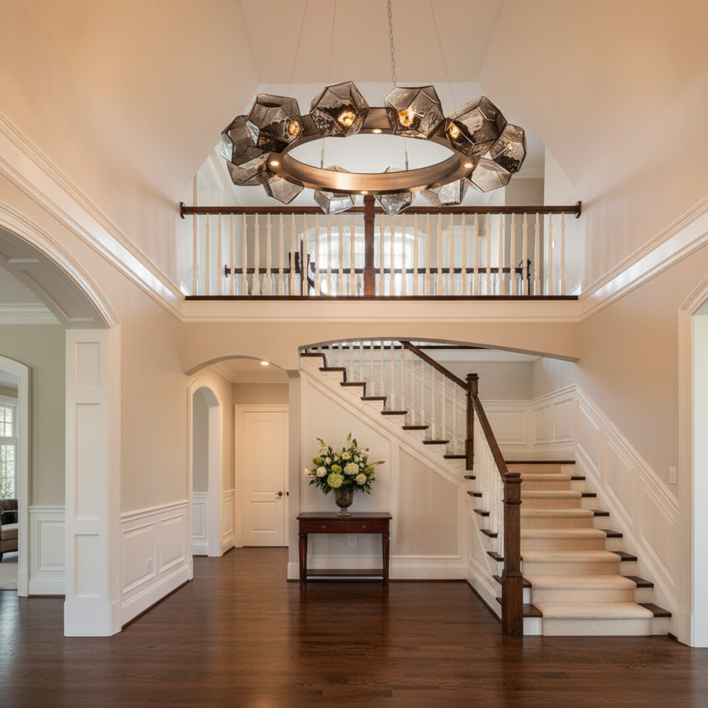Luster Gaze Aura Disc Modern LED Chandelier - elegant American entryway with arched doorway