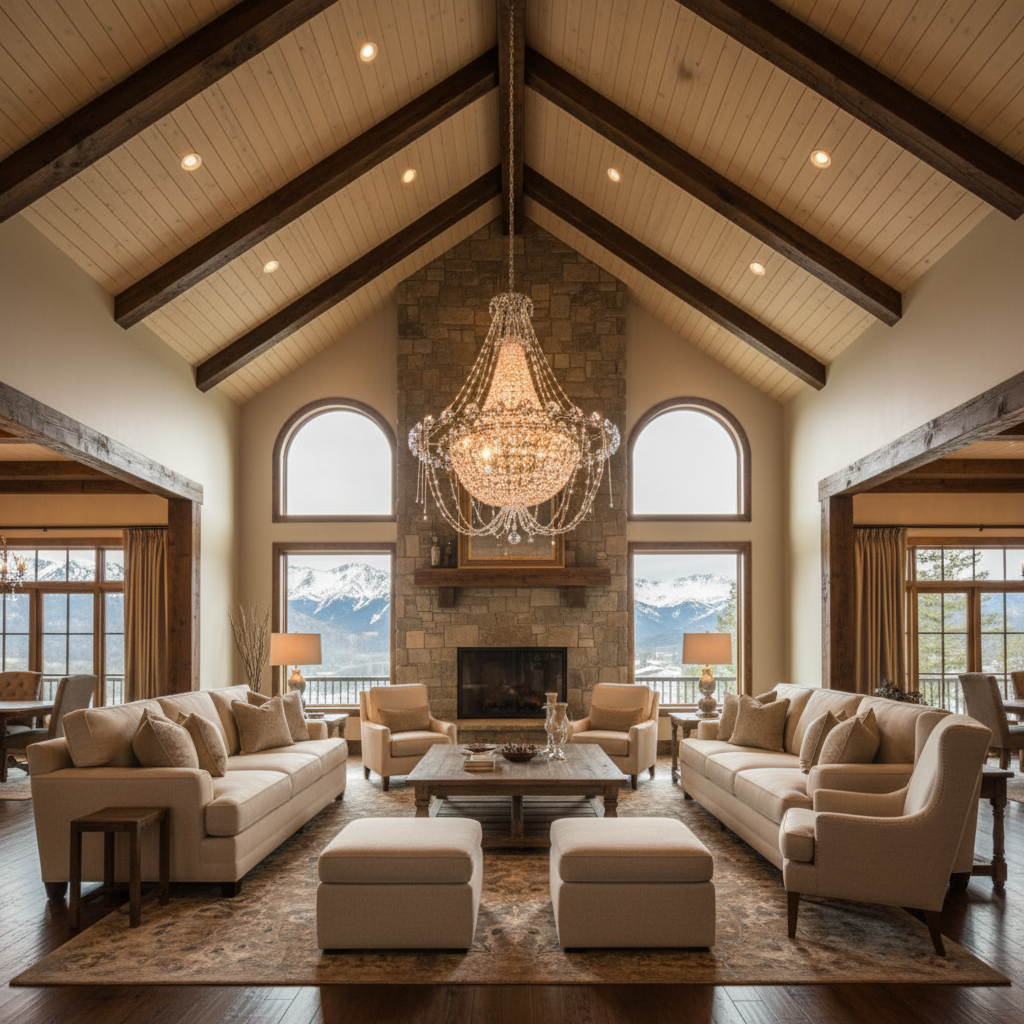 Luster Gaze Grand Regency Tiered Chandelier - luxury American great room with cathedral ceiling