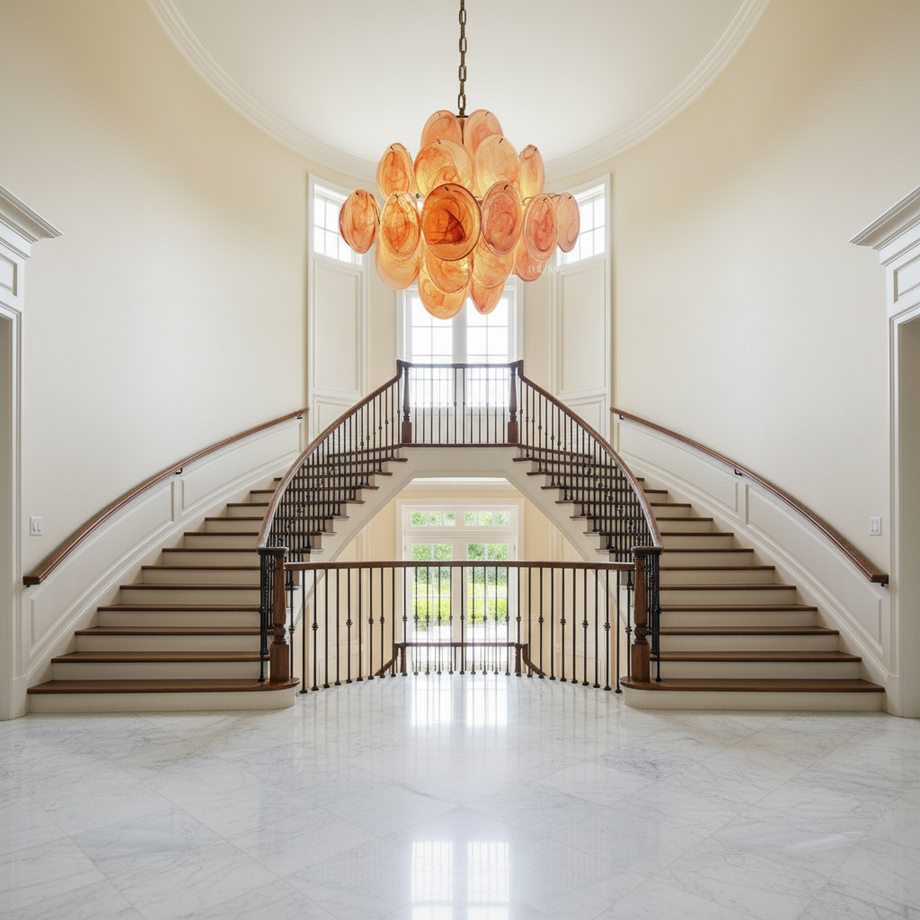 Luster Gaze Roseate Bloom 36-Disk Chandelier - dramatic American stairwell with soaring ceiling