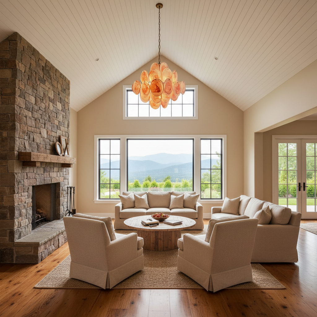 Luster Gaze Roseate Bloom 36-Disk Chandelier - American transitional great room with cathedral ceiling