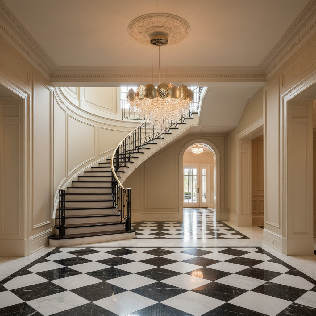 Luster Gaze Radiant Bloom Round Crystal Chandelier - grand American estate foyer