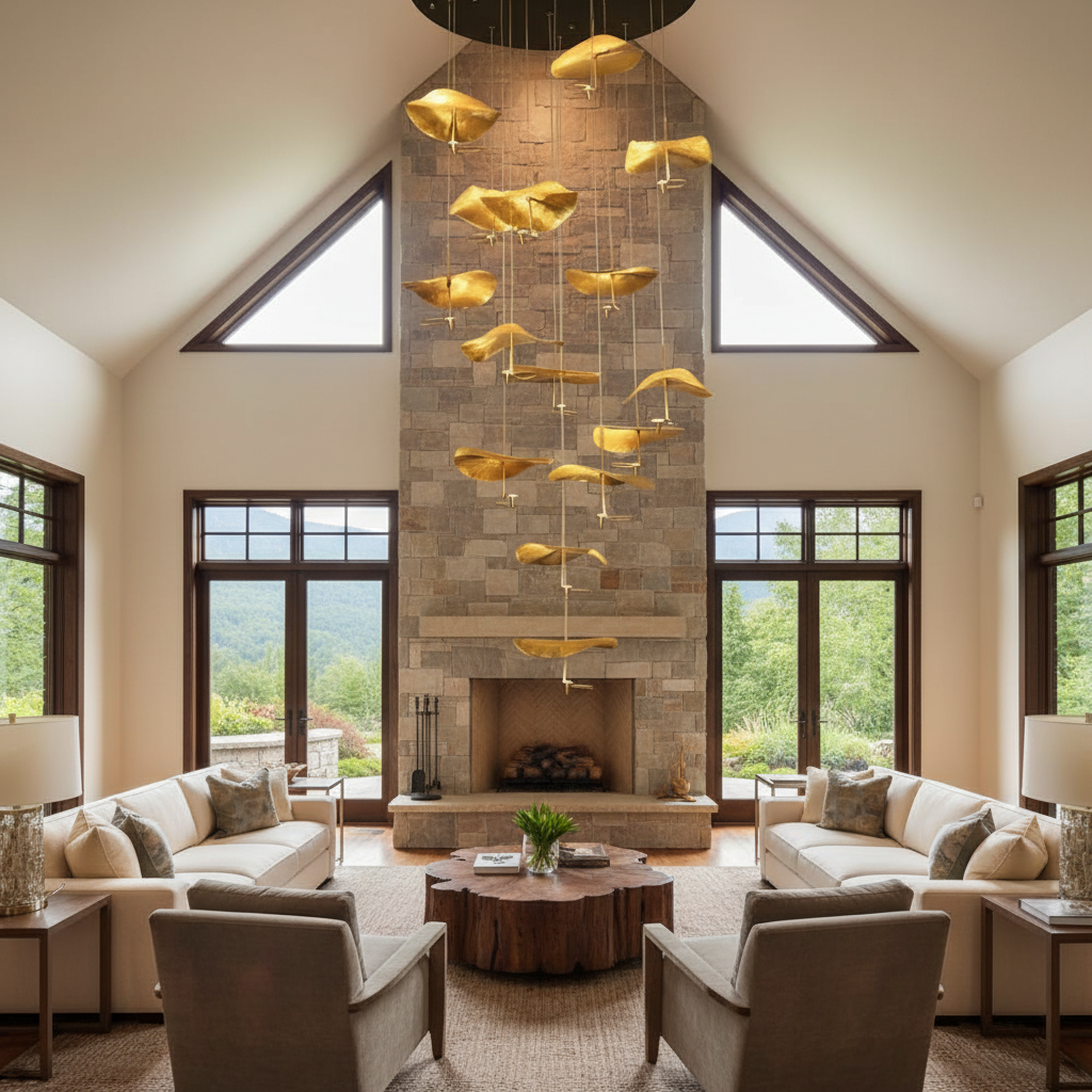 Luster Gaze Veridian Bloom Multi-Light Chandelier - American transitional great room with cathedral ceiling