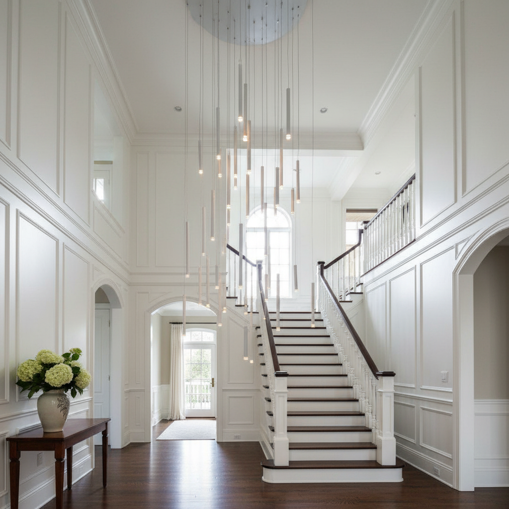 Luster Gaze Aura Cascade Round Tubular Pendant Chandelier - elegant American entryway with arched doorway