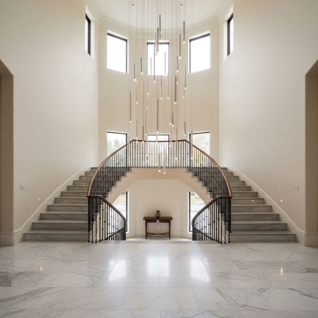 Luster Gaze Aura Cascade Round Tubular Pendant Chandelier - dramatic American stairwell with soaring ceiling