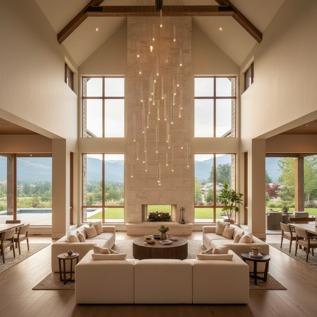 Luster Gaze Aura Cascade Round Tubular Pendant Chandelier - American transitional great room with cathedral ceiling