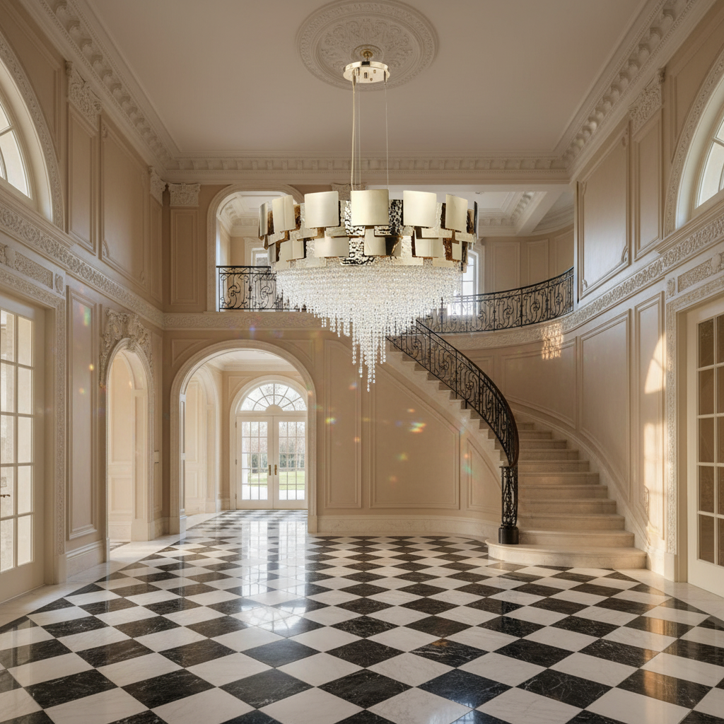 Luster Gaze Radiant Orb Round Crystal Chandelier - grand American estate foyer