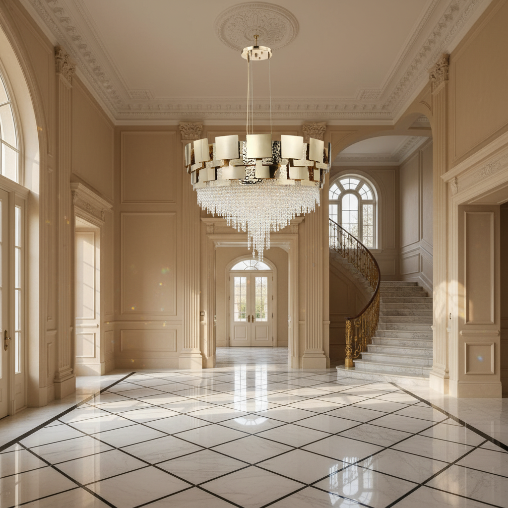 Luster Gaze Radiant Orb Round Crystal Chandelier - grand American estate foyer