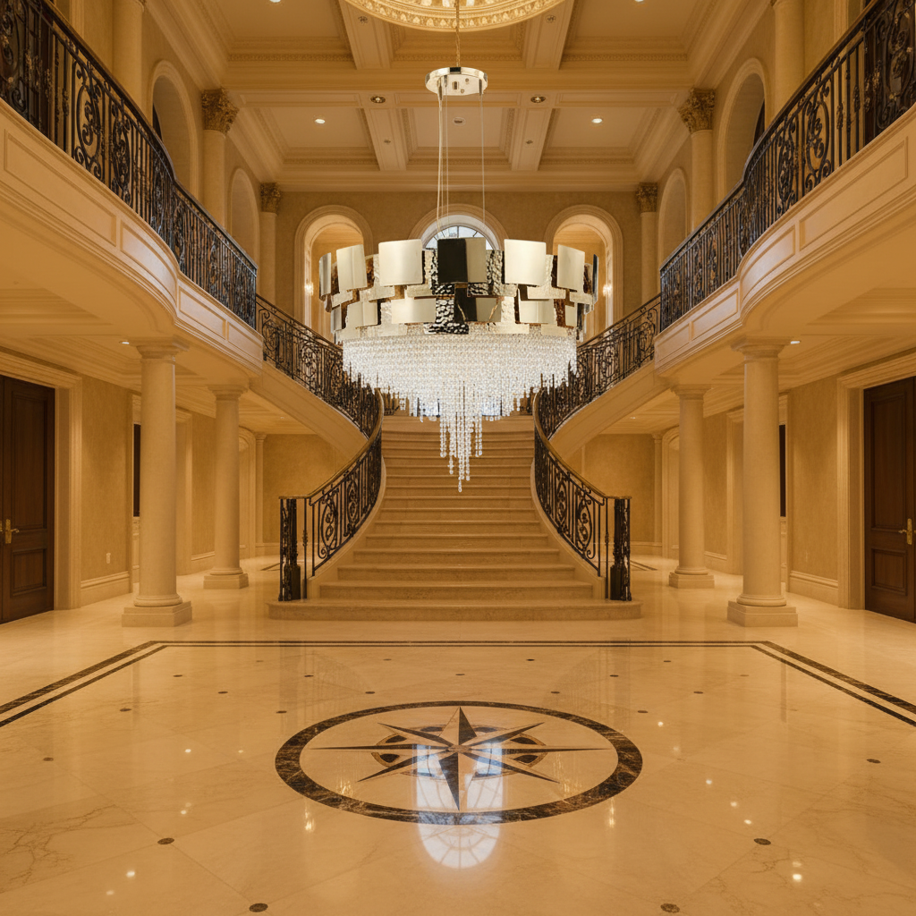 Luster Gaze  Amadeo Round Crystal Bead Chandelier - grand American foyer with two-story ceiling