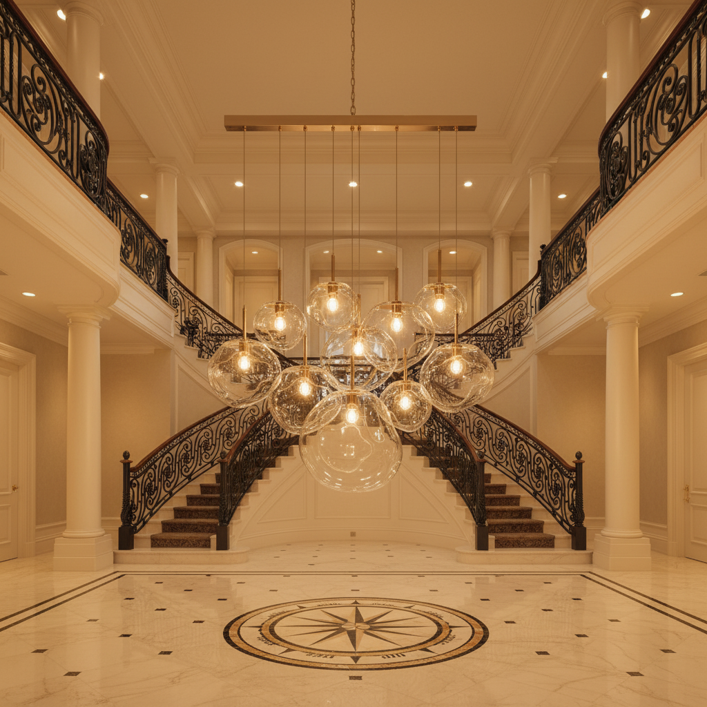 Luster Gaze Molten Glass Orb Chandelier - grand American foyer with two-story ceiling