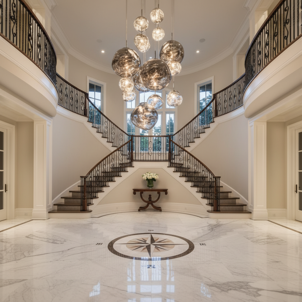 Luster Gaze Molten Glass Orb Chandelier - grand American foyer with two-story ceiling