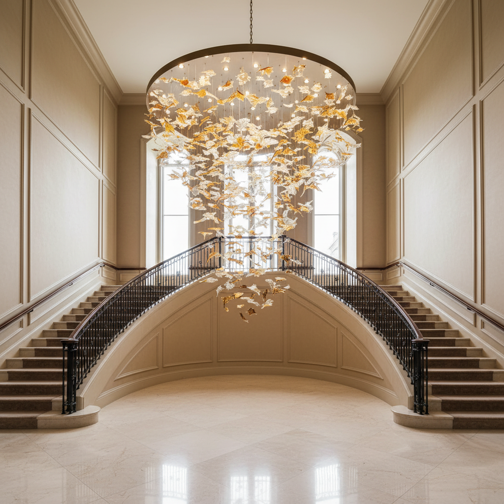 Luster Gaze Vibrant Artisan Glass Leaf Chandelier - dramatic American stairwell with soaring ceiling