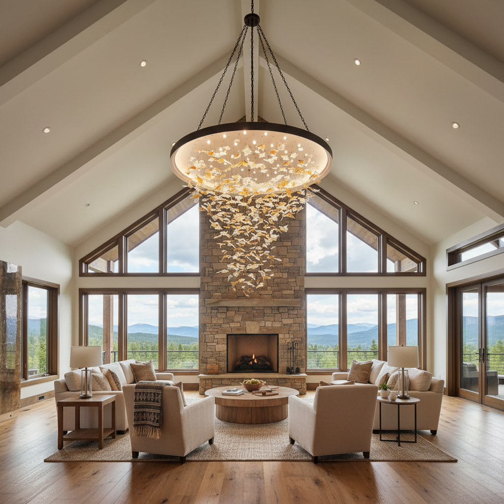 Luster Gaze Vibrant Artisan Glass Leaf Chandelier - American transitional great room with cathedral ceiling