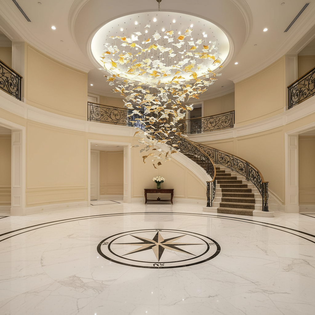 Luster Gaze Vibrant Artisan Glass Leaf Chandelier - grand American foyer with two-story ceiling