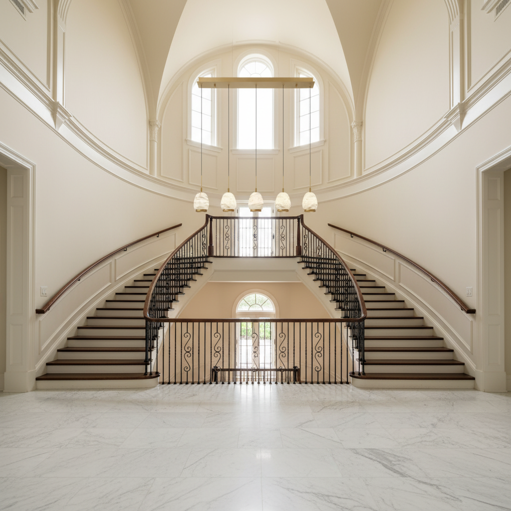 Luster Gaze Alabaster Aura Linear LED Chandelier - dramatic American stairwell with soaring ceiling