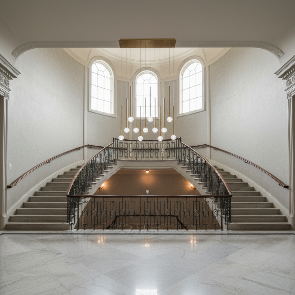 Luster Gaze Aura Stream Linear LED Chandelier - dramatic American stairwell with soaring ceiling
