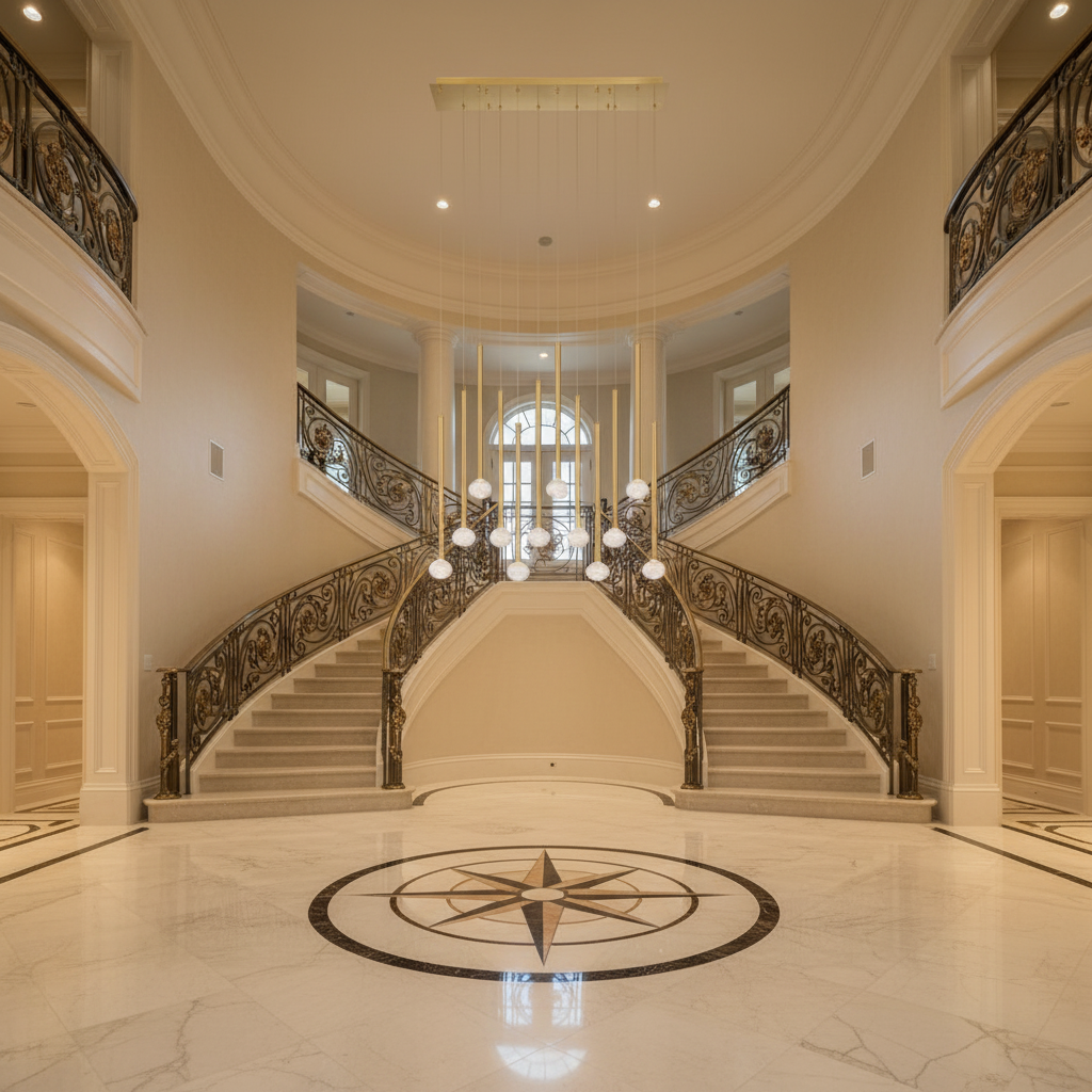 Luster Gaze Aura Stream Linear LED Chandelier - grand American foyer with two-story ceiling