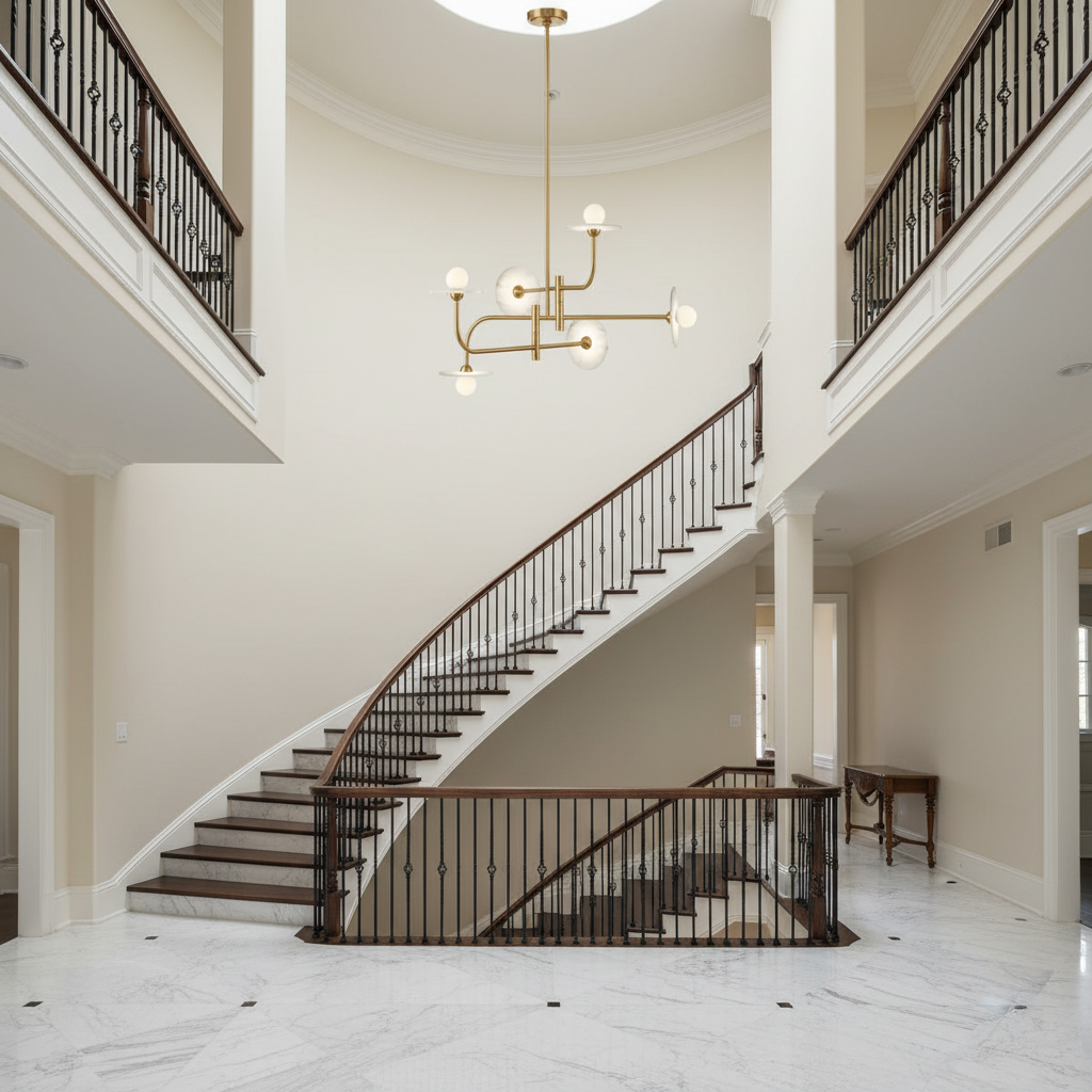 Luster Gaze Alabaster Aura LED Chandelier - dramatic American stairwell with soaring ceiling