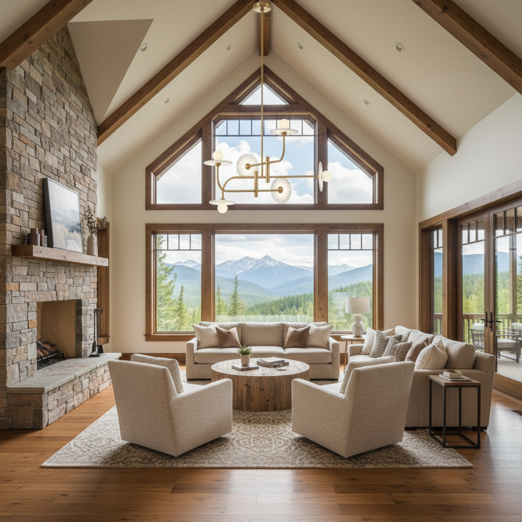 Luster Gaze Alabaster Aura LED Chandelier - American transitional great room with cathedral ceiling