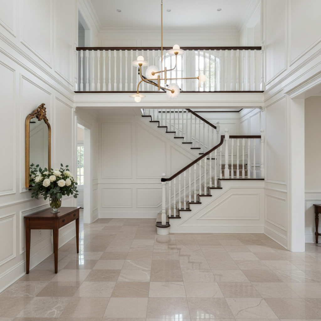 Luster Gaze Alabaster Aura LED Chandelier - elegant American entryway with arched doorway