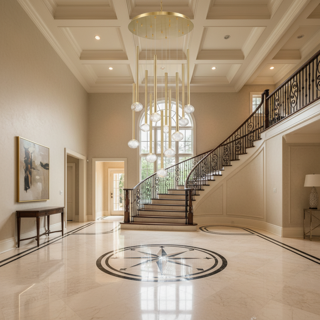 Luster Gaze Aura Cascade Round LED Chandelier - grand American foyer with two-story ceiling