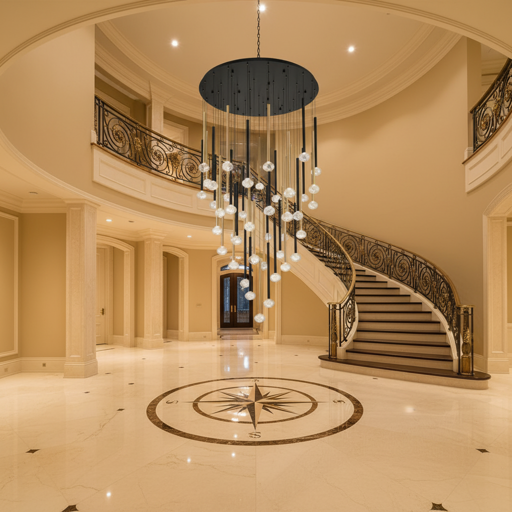 Luster Gaze Mamie Round LED Chandelier - grand American foyer with two-story ceiling