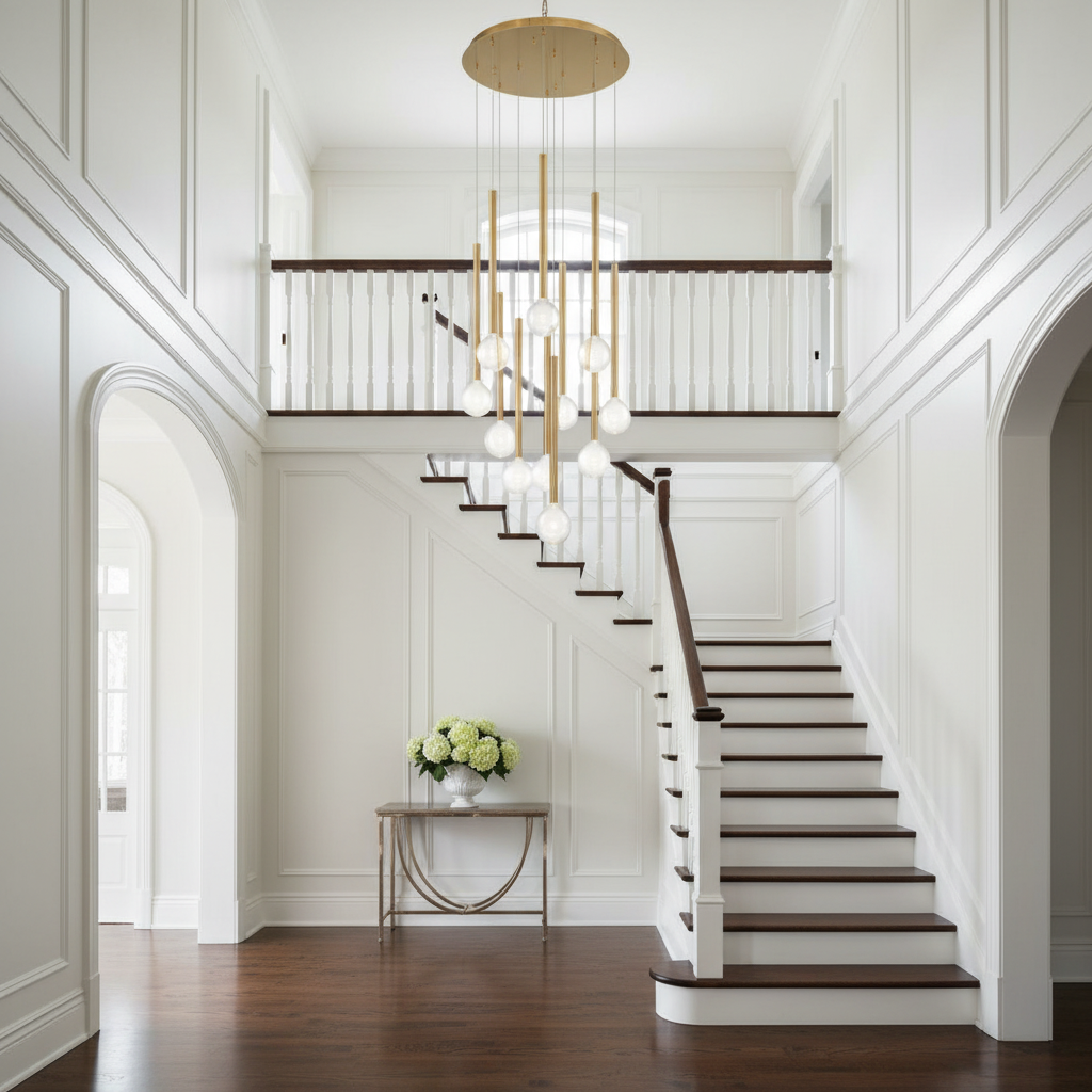Luster Gaze Aura Droplet Round LED Chandelier - elegant American entryway with arched doorway