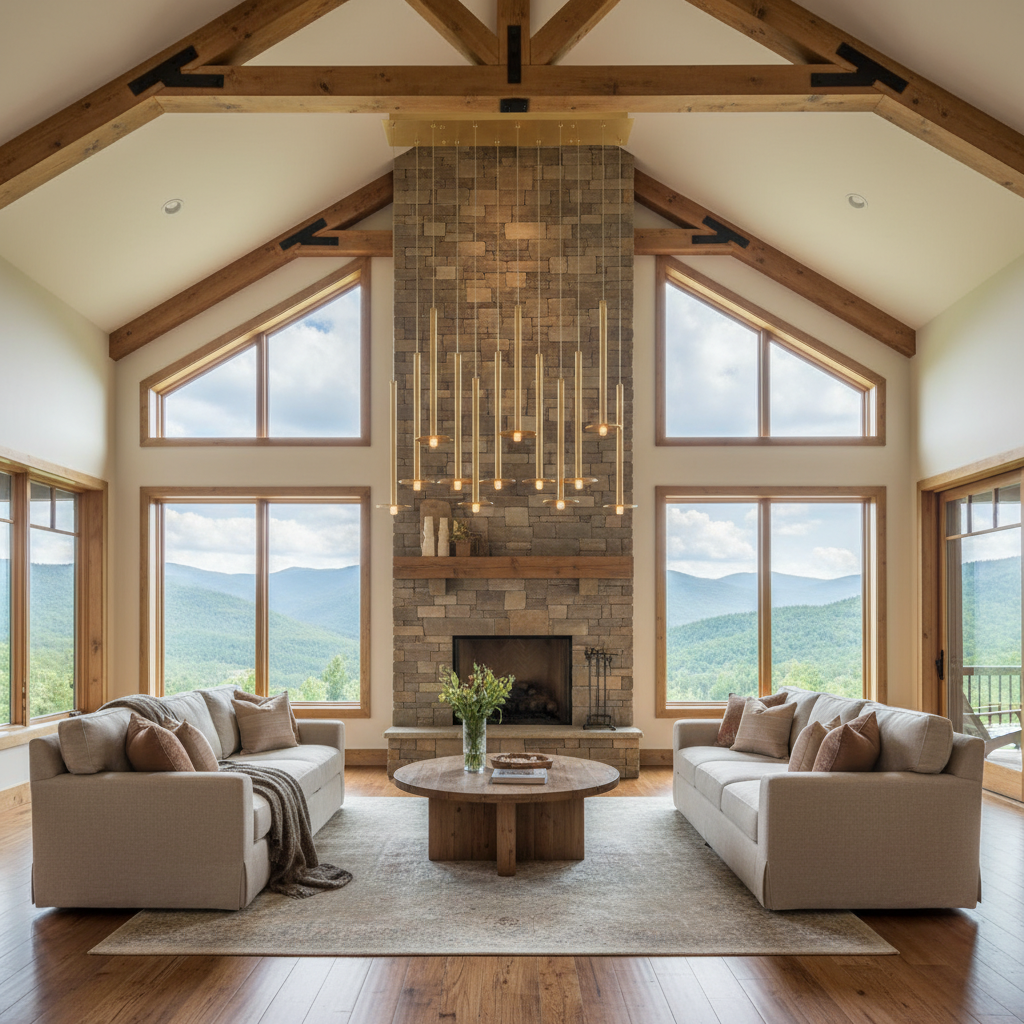 Luster Gaze Aura Stream Linear LED Chandelier - American transitional great room with cathedral ceiling