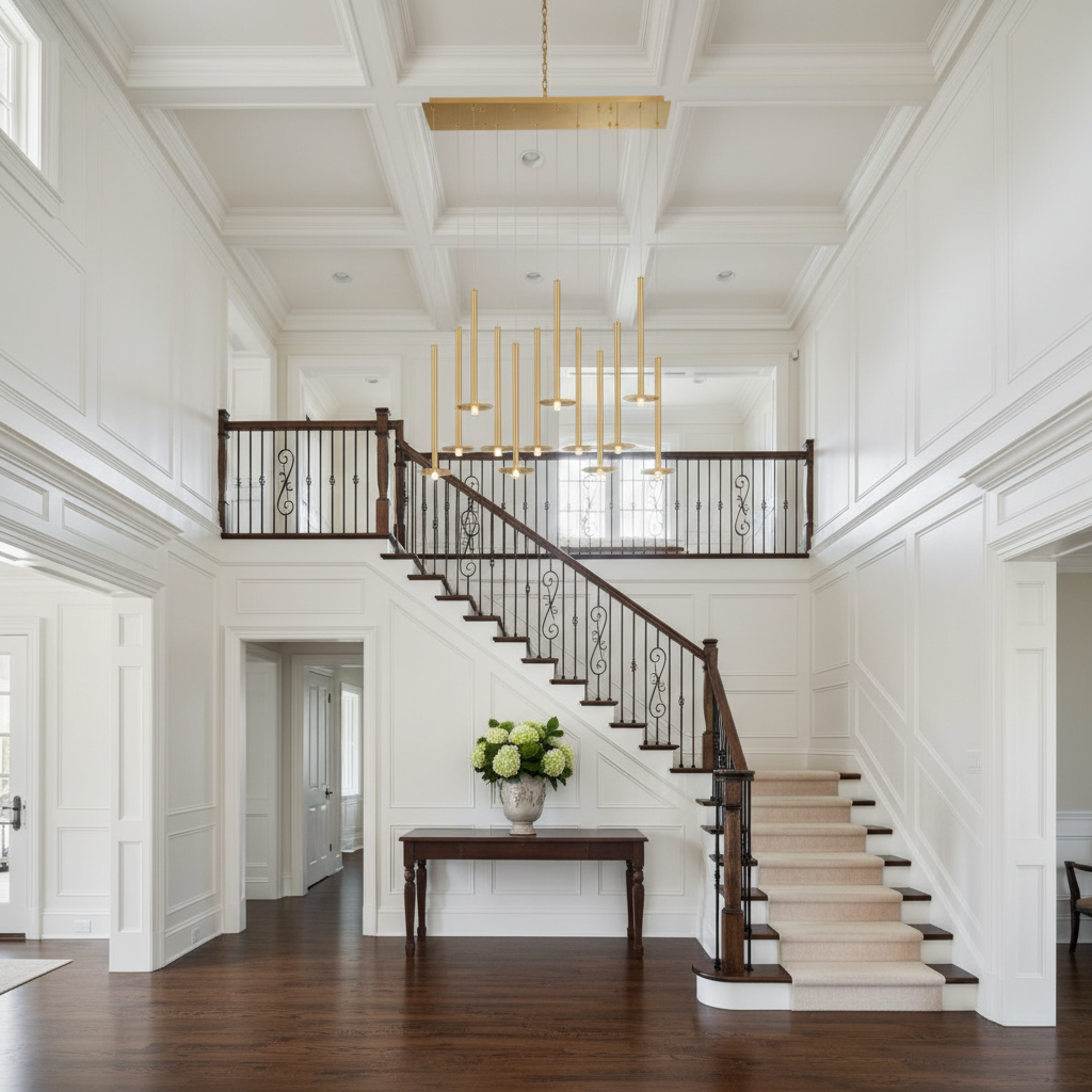 Luster Gaze Aura Stream Linear LED Chandelier - elegant American entryway with arched doorway