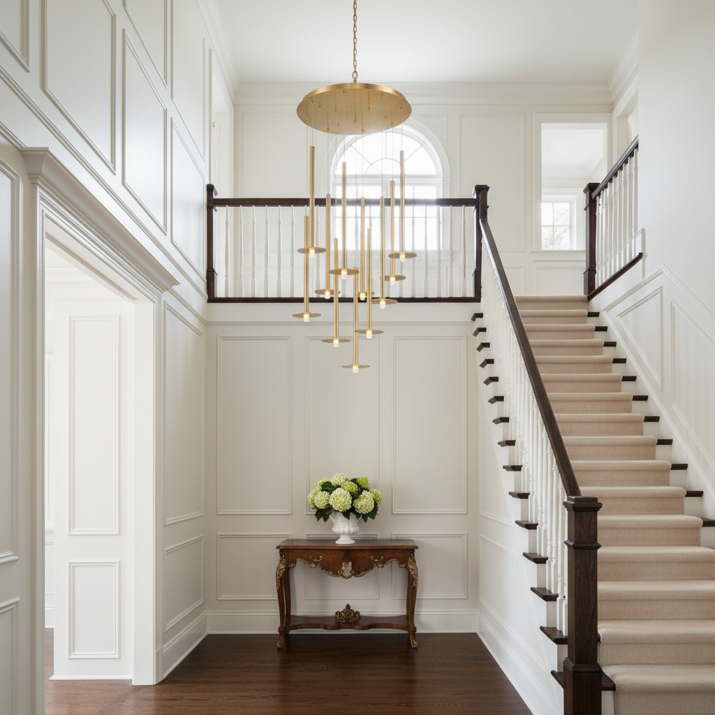 Luster Gaze Aura Grandeur Round LED Chandelier - elegant American entryway with arched doorway