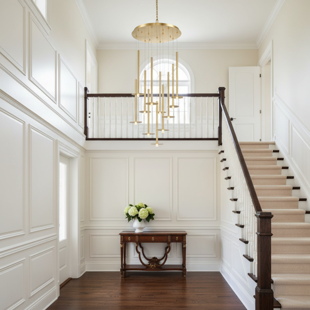 Luster Gaze  Ursula Round LED Chandelier - elegant American entryway with arched doorway