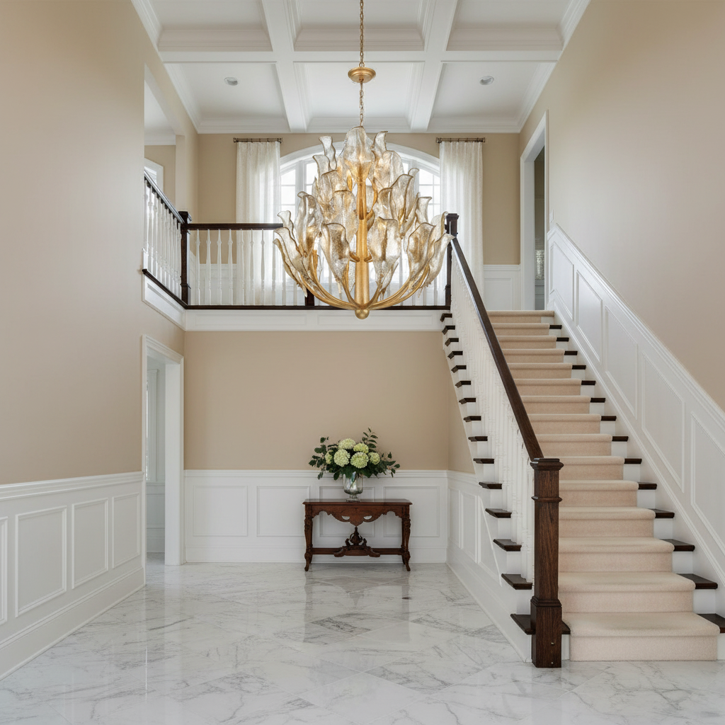Luster Gaze Aura Grandeur Round Chandelier - elegant American entryway with arched doorway