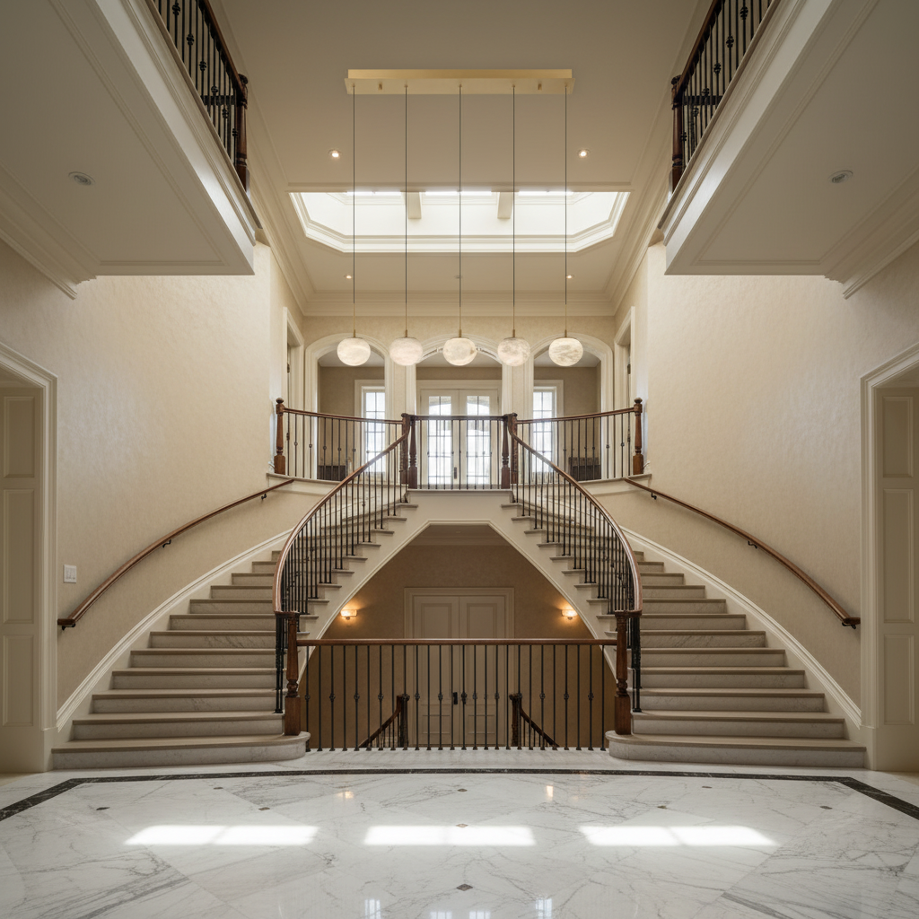 Luster Gaze Alabaster Ovoid Linear LED Chandelier - dramatic American stairwell with soaring ceiling