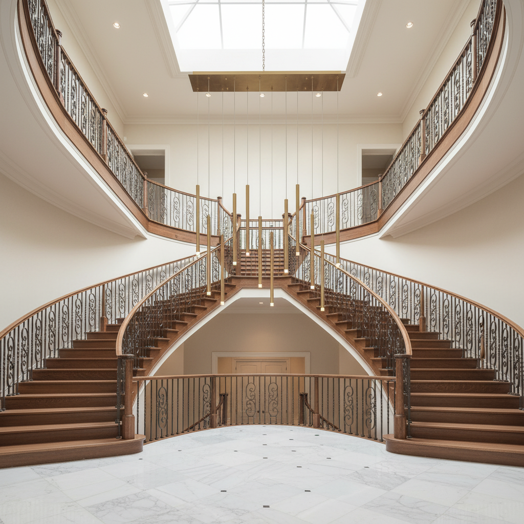 Luster Gaze Aura Cascade Linear LED Chandelier - dramatic American stairwell with three-story void
