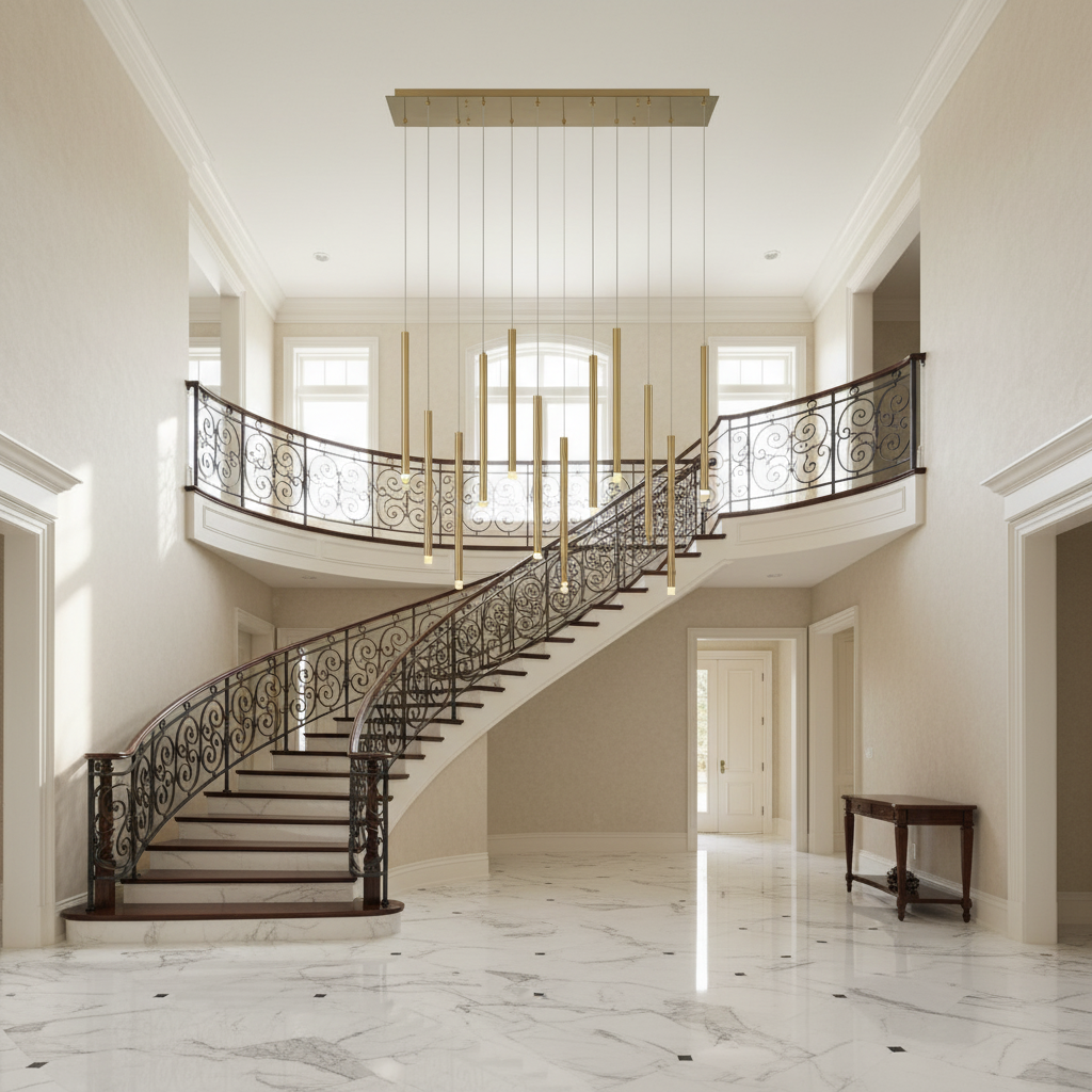 Luster Gaze Aura Cascade Linear LED Chandelier - grand American foyer with soaring ceiling